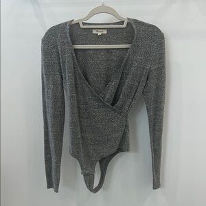 Madewell Gray Long Sleeve Wrap Bodysuit